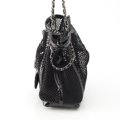 Chanel Mesh Patent Leather Quilted Single Flap Double Chain Set Tote Bag Black — view 4