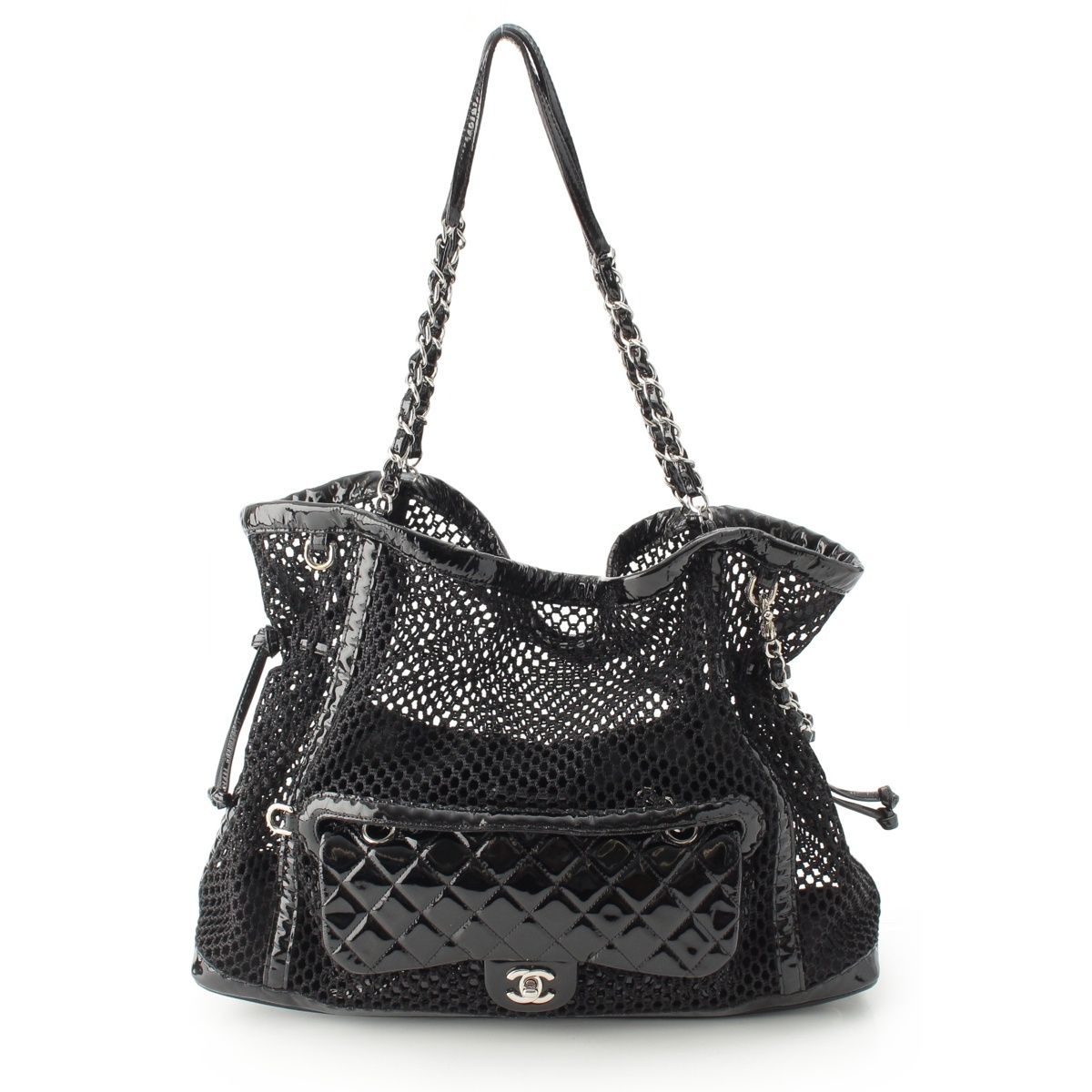 Chanel Mesh Patent Leather Quilted Single Flap Double Chain Set Tote Bag Black