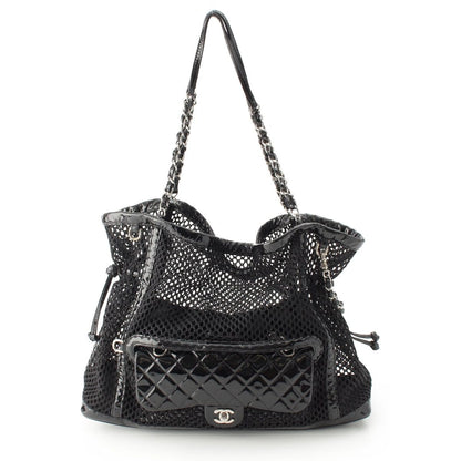 Chanel Mesh Patent Leather Quilted Single Flap Double Chain Set Tote Bag Black