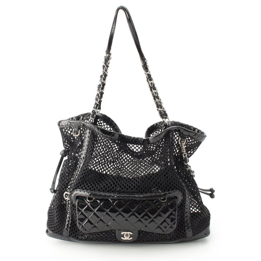 Chanel Mesh Patent Leather Quilted Single Flap Double Chain Set Tote Bag Black