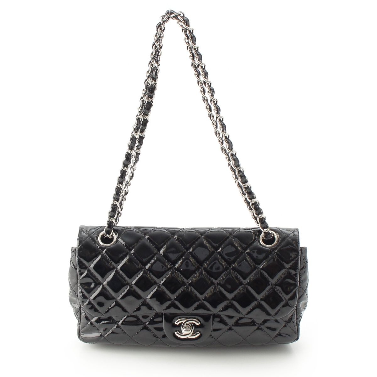 Chanel Mesh Patent Leather Quilted Single Flap Double Chain Set Tote Bag Black — view 2
