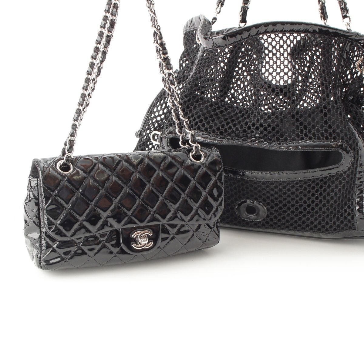 Chanel Mesh Patent Leather Quilted Single Flap Double Chain Set Tote Bag Black — view 3