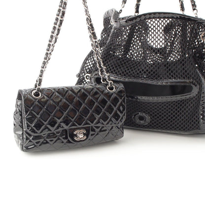 Chanel Mesh Patent Leather Quilted Single Flap Double Chain Set Tote Bag Black — view 3
