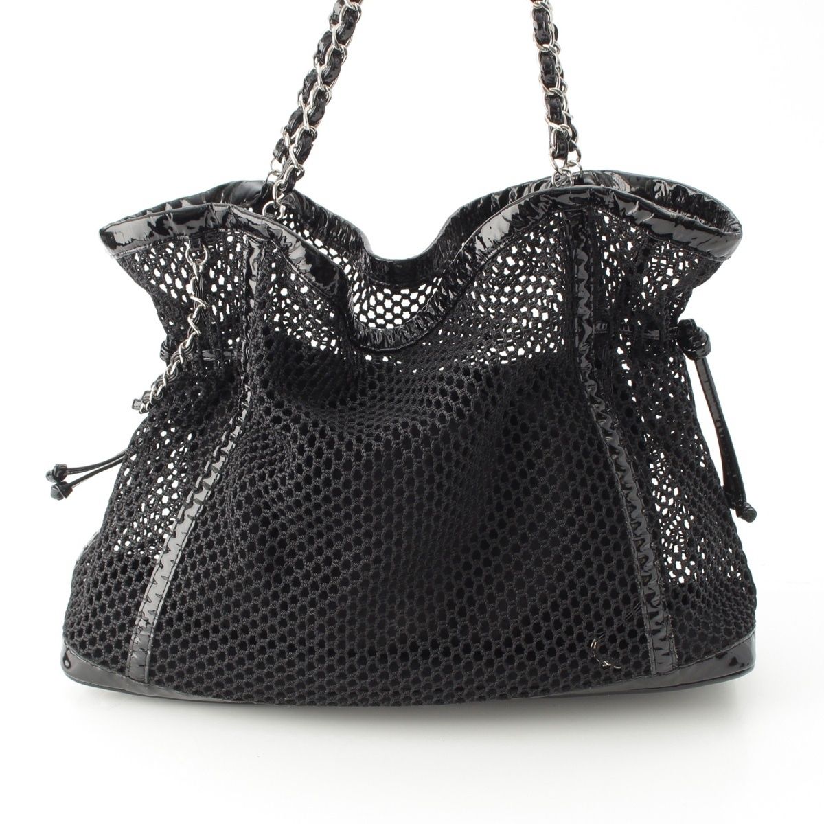 Chanel Mesh Patent Leather Quilted Single Flap Double Chain Set Tote Bag Black — view 5