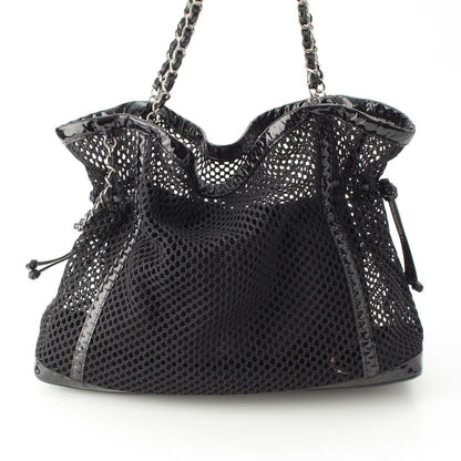 Chanel Mesh Patent Leather Quilted Single Flap Double Chain Set Tote Bag Black — view 5