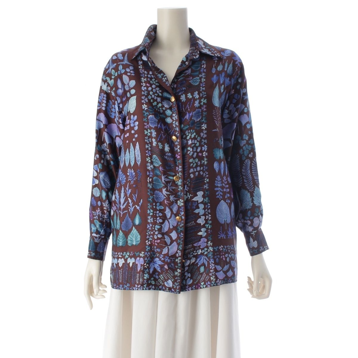 Gucci Silk Gold Button Botanical Print Long Sleeve Shirt Brown/blue 42