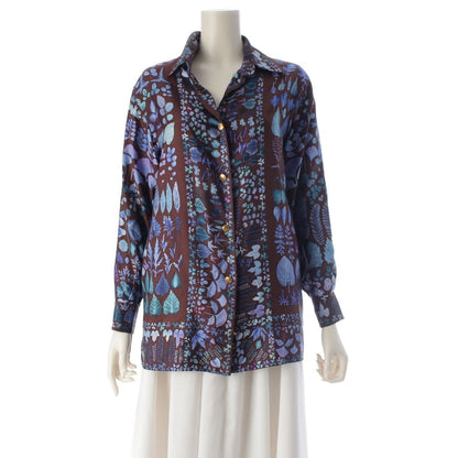 Gucci Silk Gold Button Botanical Print Long Sleeve Shirt Brown/blue 42
