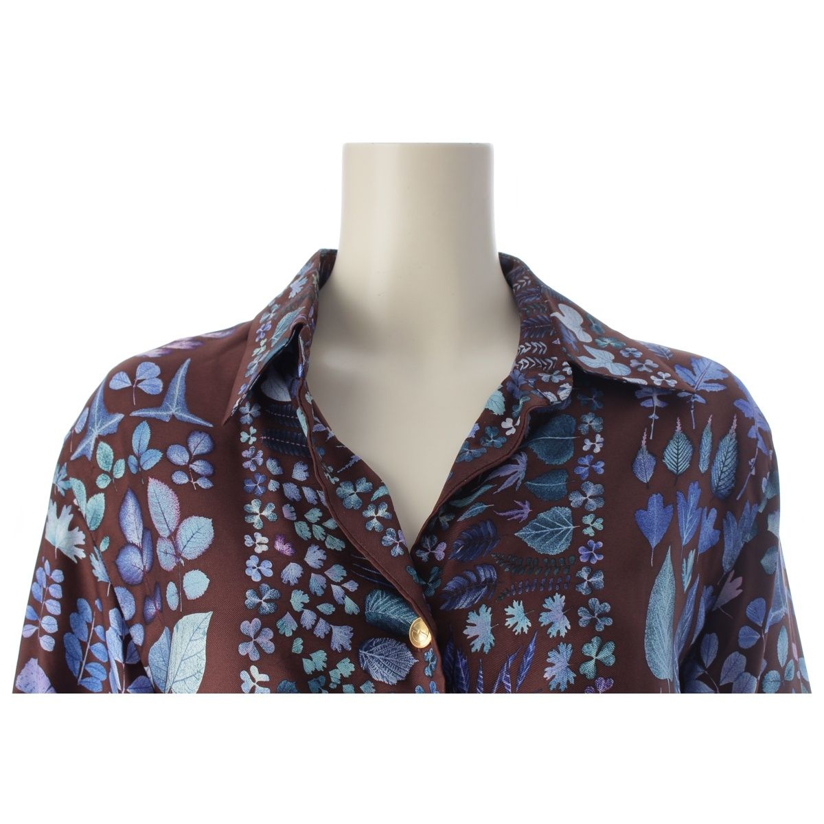 Gucci Silk Gold Button Botanical Print Long Sleeve Shirt Brown/blue 42 — view 5