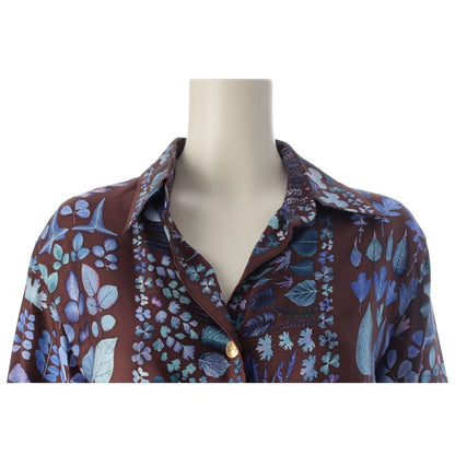 Gucci Silk Gold Button Botanical Print Long Sleeve Shirt Brown/blue 42 — view 5