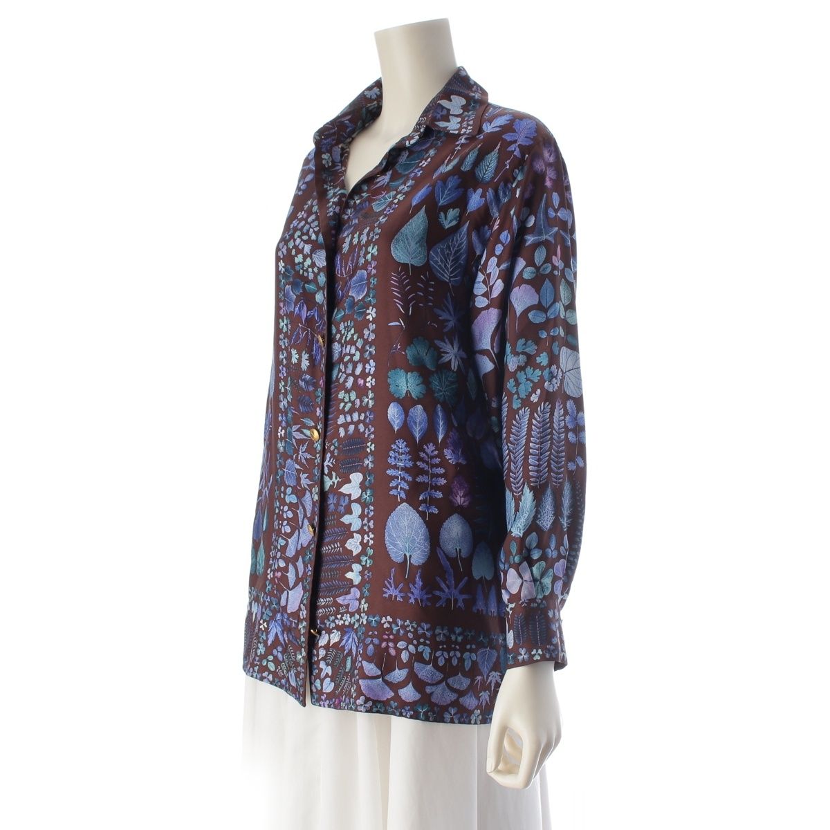 Gucci Silk Gold Button Botanical Print Long Sleeve Shirt Brown/blue 42 — view 2