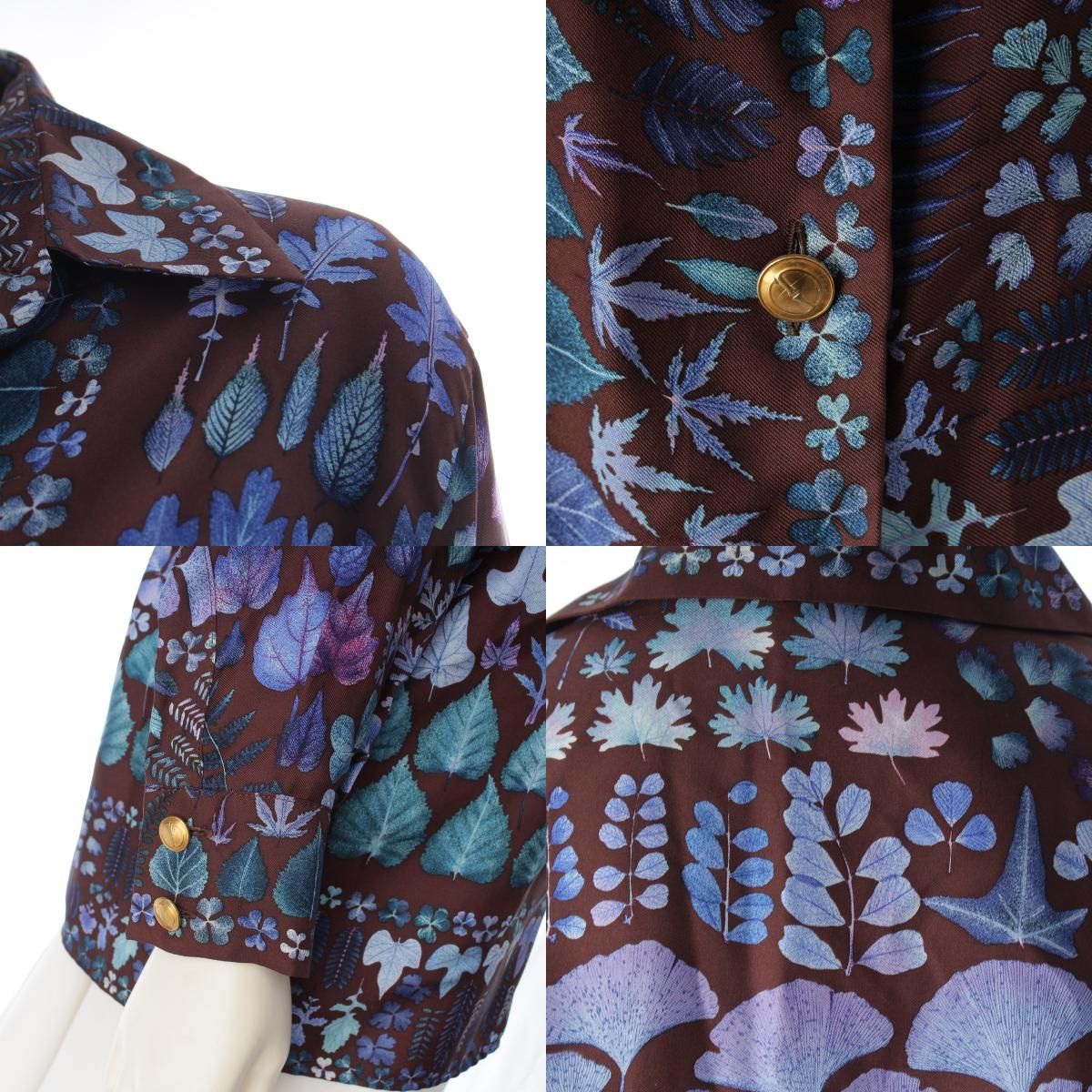 Gucci Silk Gold Button Botanical Print Long Sleeve Shirt Brown/blue 42 — view 8
