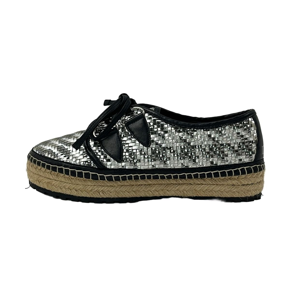 Dior Shoes Silver Black Braided Espadrilles Leather 36.5