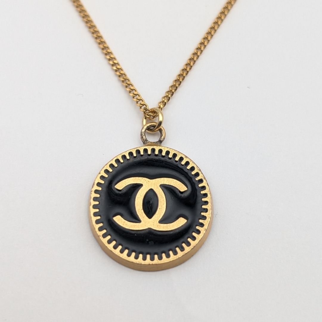 Chanel CC Logo Gold Black Pendant Round Coin Vintage