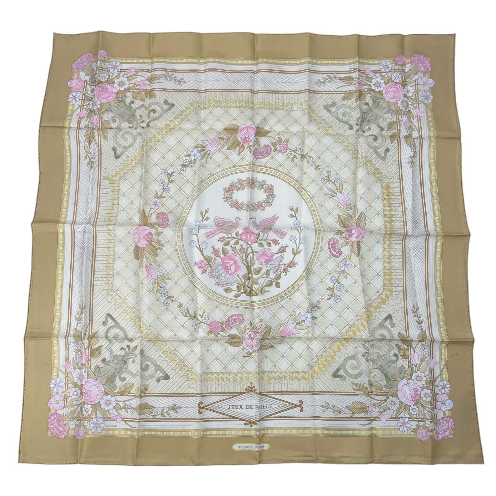 Hermes Large Scarf Silk Carre 90 Jeux de Paille Straw Play Beige