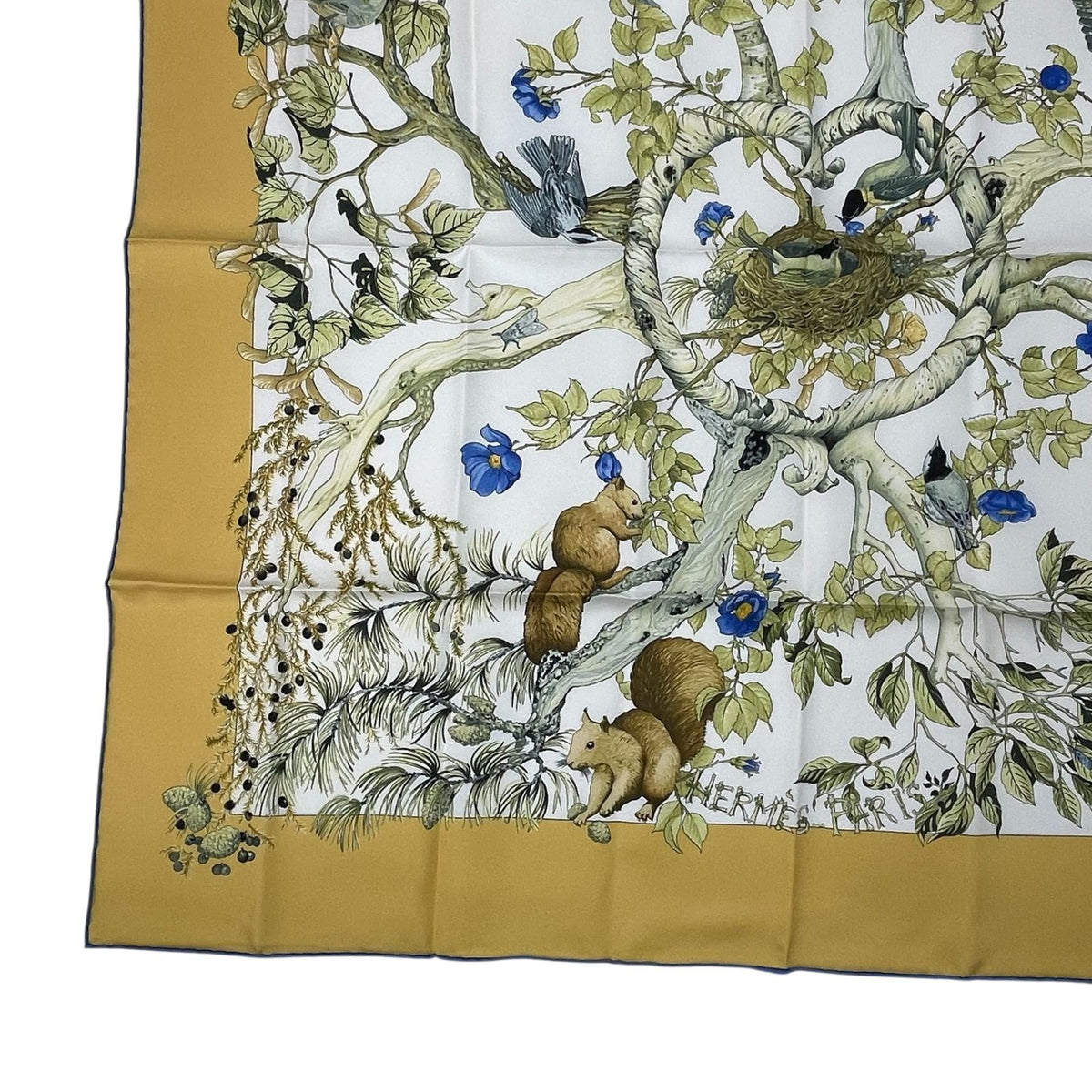 Hermes Carre 90 100% Silk Scarf AU Coeur Des Bois In The Forest Yellow — view 5