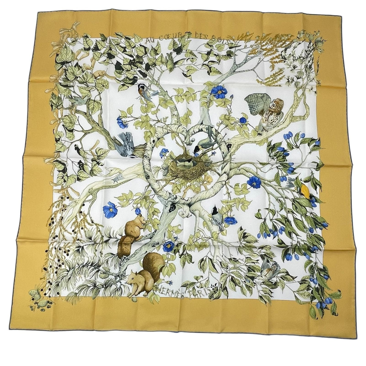 Hermes Carre 90 100% Silk Scarf AU Coeur Des Bois In The Forest Yellow