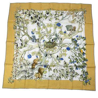 Hermes Carre 90 100% Silk Scarf AU Coeur Des Bois In The Forest Yellow