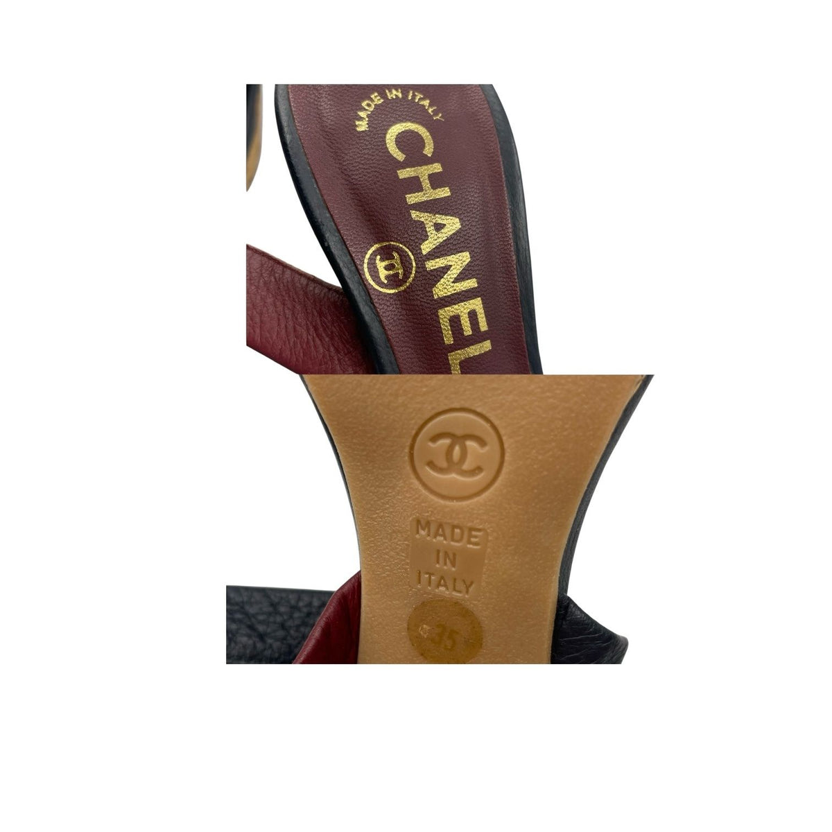 Chanel Sandals Leather Cork Heels Gold CC Logo Navy Bordeaux — view 8