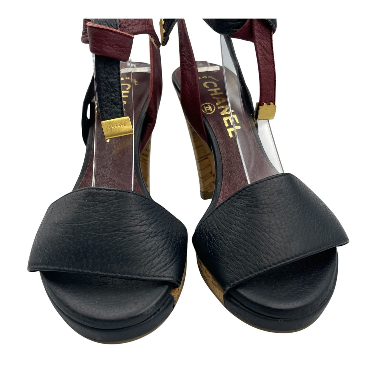 Chanel Sandals Leather Cork Heels Gold CC Logo Navy Bordeaux — view 5