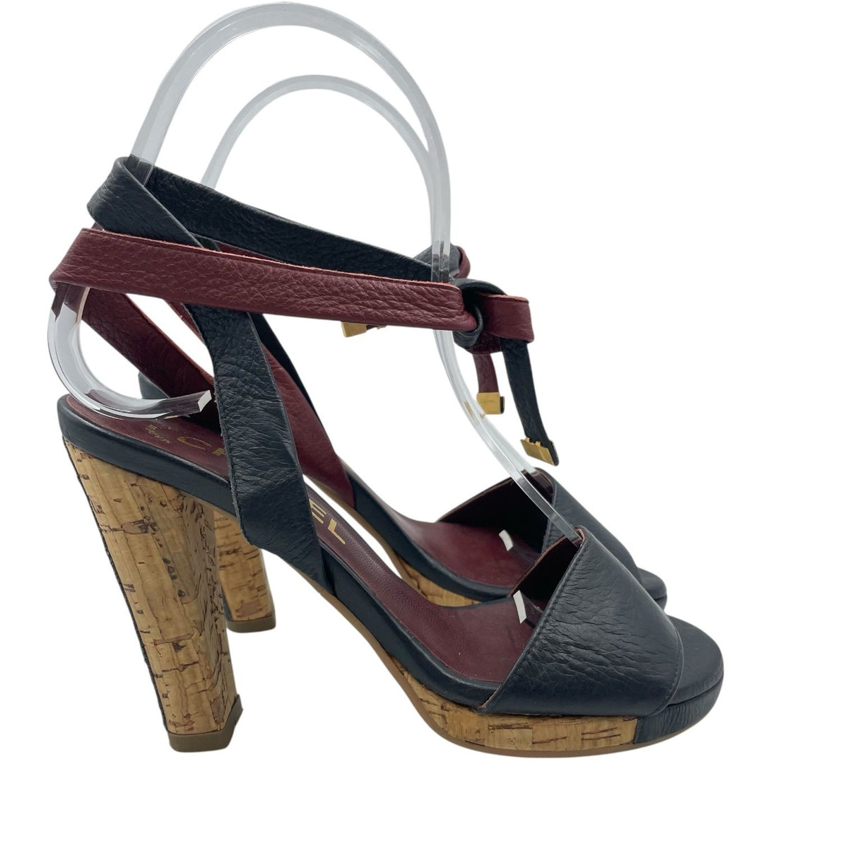 Chanel Sandals Leather Cork Heels Gold CC Logo Navy Bordeaux — view 3