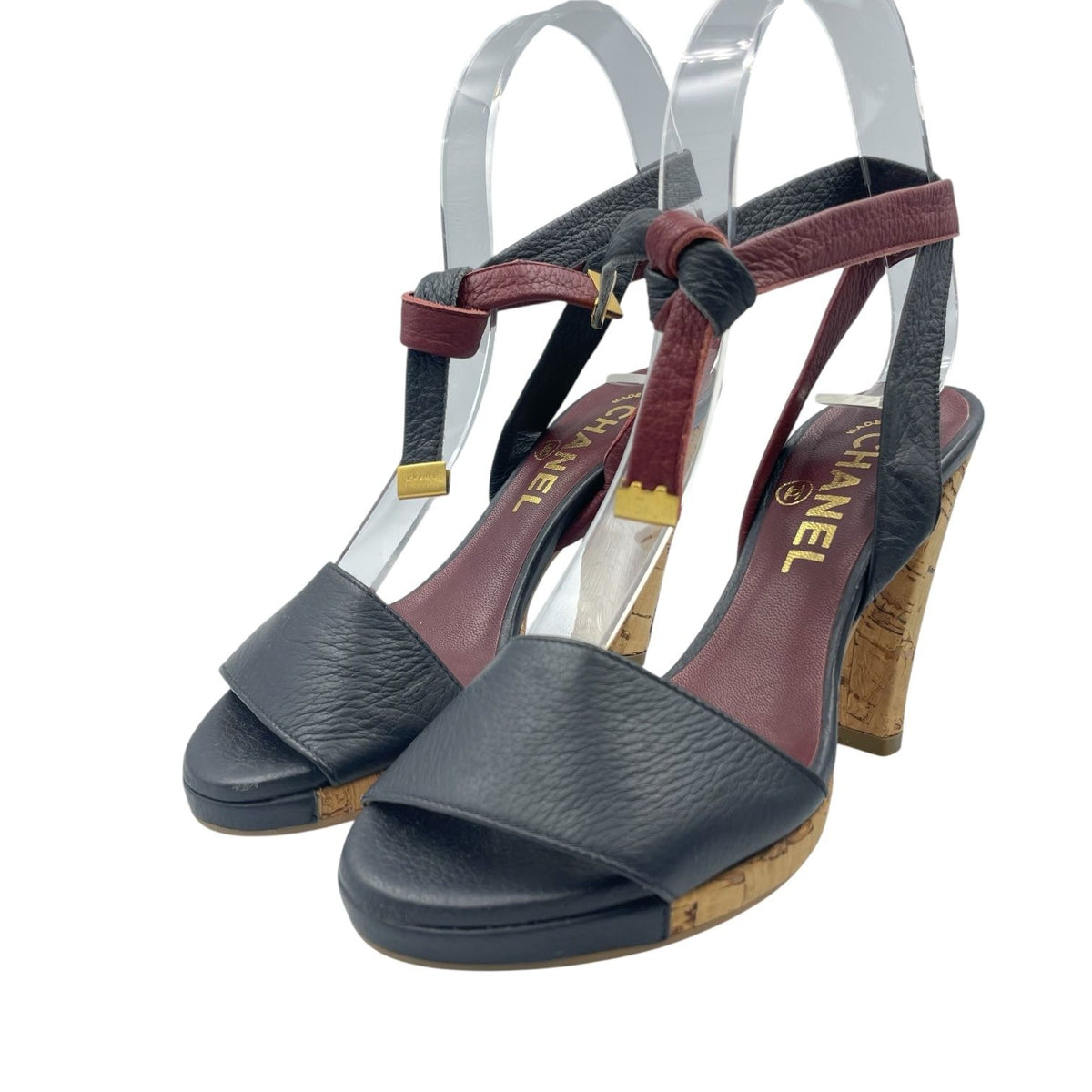 Chanel Sandals Leather Cork Heels Gold CC Logo Navy Bordeaux