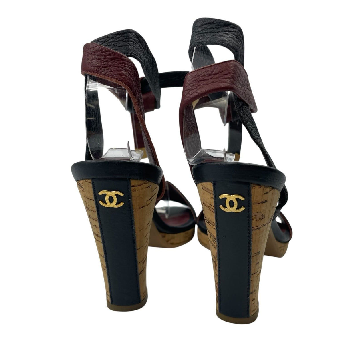 Chanel Sandals Leather Cork Heels Gold CC Logo Navy Bordeaux — view 6