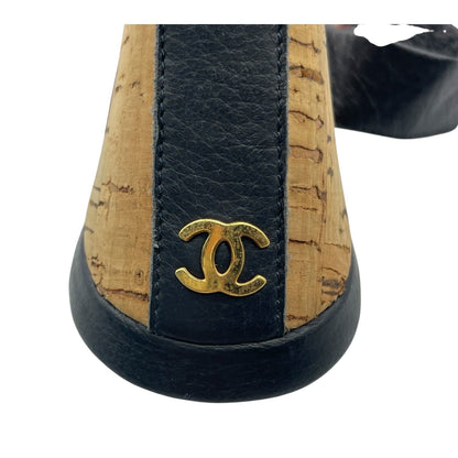 Chanel Sandals Leather Cork Heels Gold CC Logo Navy Bordeaux — view 7