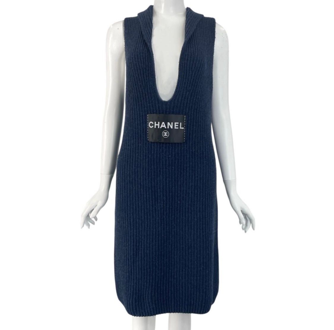 Chanel Logo Cashmere Sleeveless Dress 40 Navy