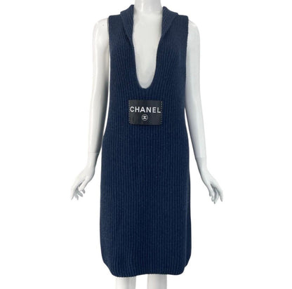 Chanel Logo Cashmere Sleeveless Dress 40 Navy