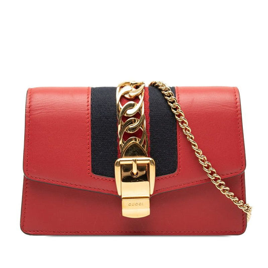 Gucci Sylvie Mini Chain Shoulder Bag Red Multicolor Leather