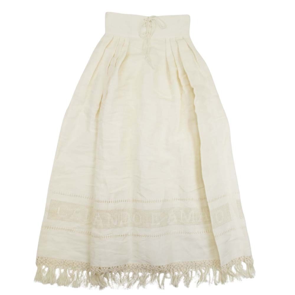Dior Lace Up High Waist Long Skirt Fringe 36 Ivory