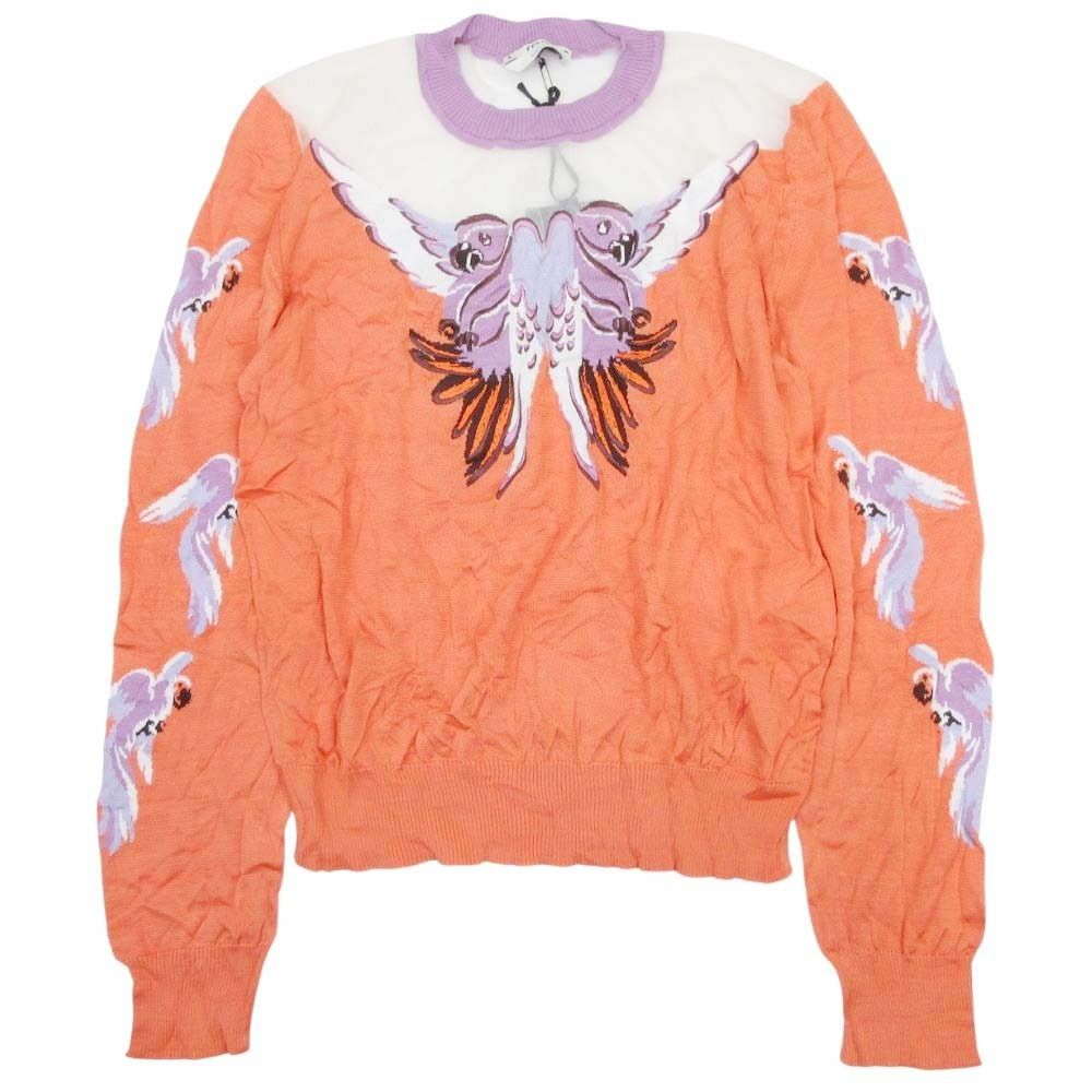 Fendi Sheer Yoke High Gee Silk Knit Top Bird Animal Top Long Sleeve 42 Orange