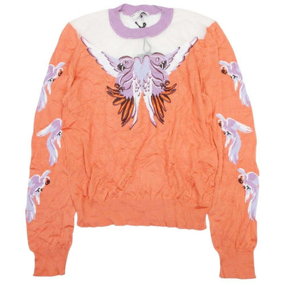 Fendi Sheer Yoke High Gee Silk Knit Top Bird Animal Top Long Sleeve 42 Orange