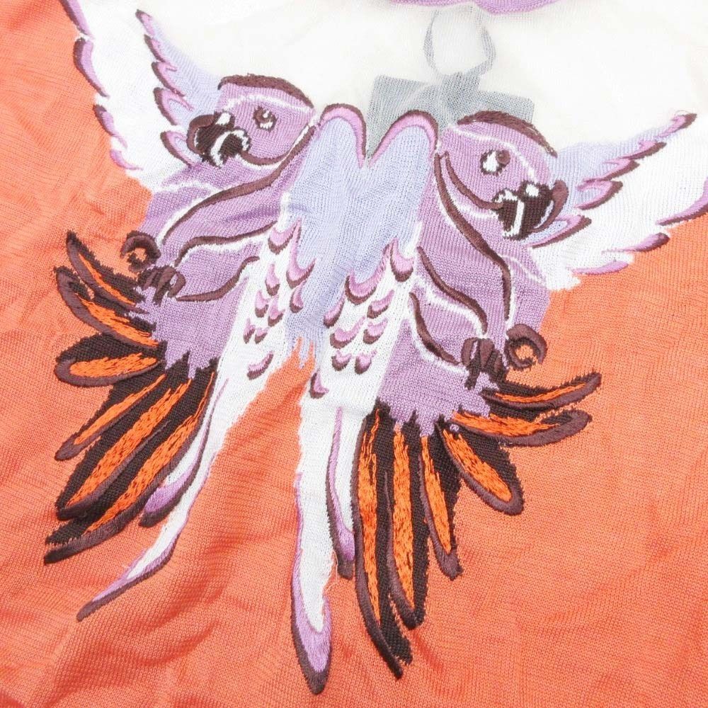 Fendi Sheer Yoke High Gee Silk Knit Top Bird Animal Top Long Sleeve 42 Orange — view 4