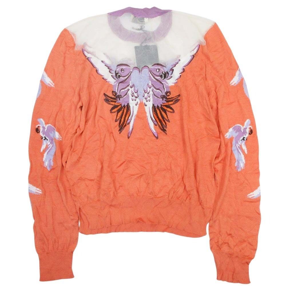 Fendi Sheer Yoke High Gee Silk Knit Top Bird Animal Top Long Sleeve 42 Orange — view 2