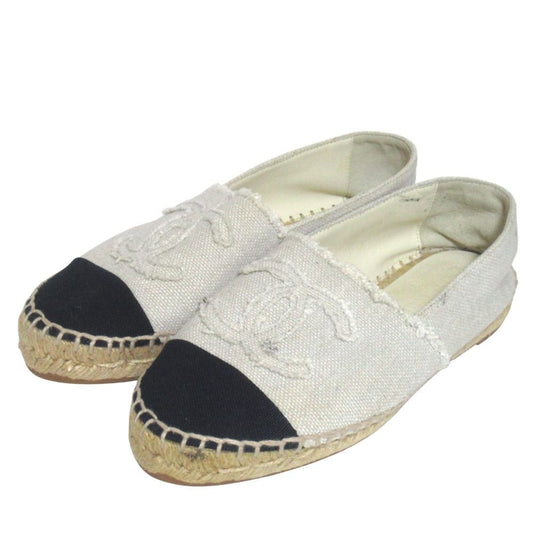 Chanel CC Logo Espadrilles Shoes Ivory Black 36