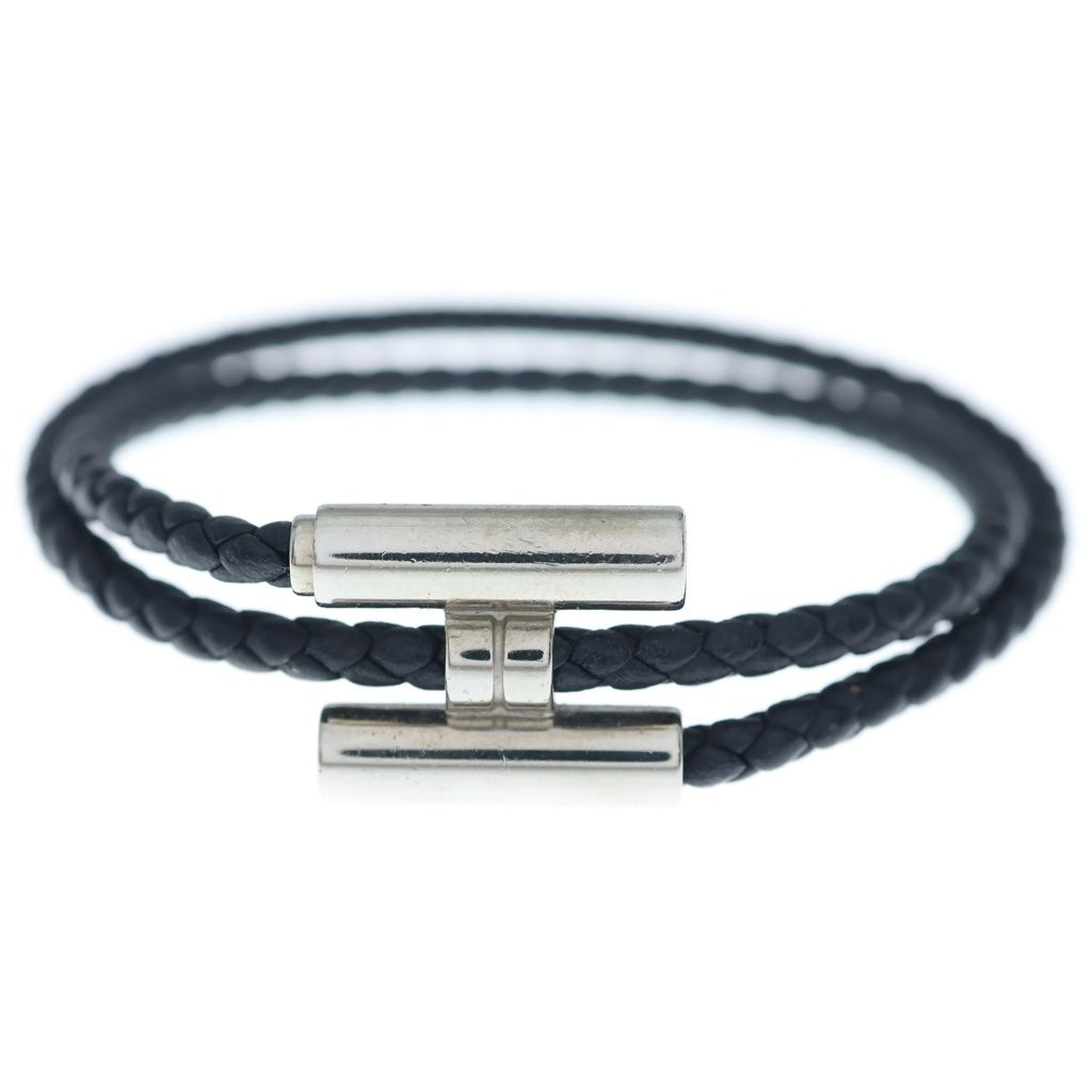 Hermes Tourni Tresse Logo Noir Leather Bracelet Black Silver — view 4