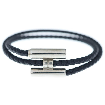 Hermes Tourni Tresse Logo Noir Leather Bracelet Black Silver — view 4