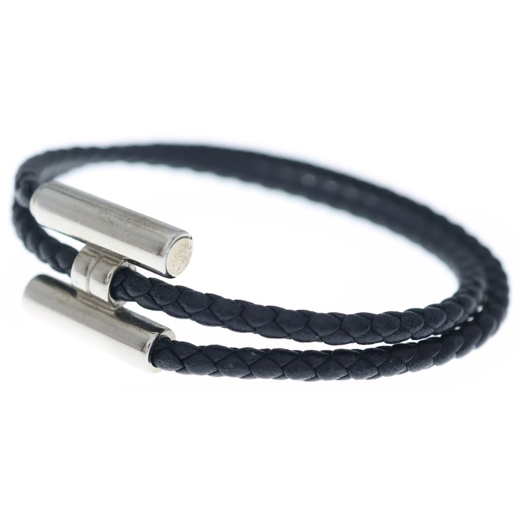 Hermes Tourni Tresse Logo Noir Leather Bracelet Black Silver