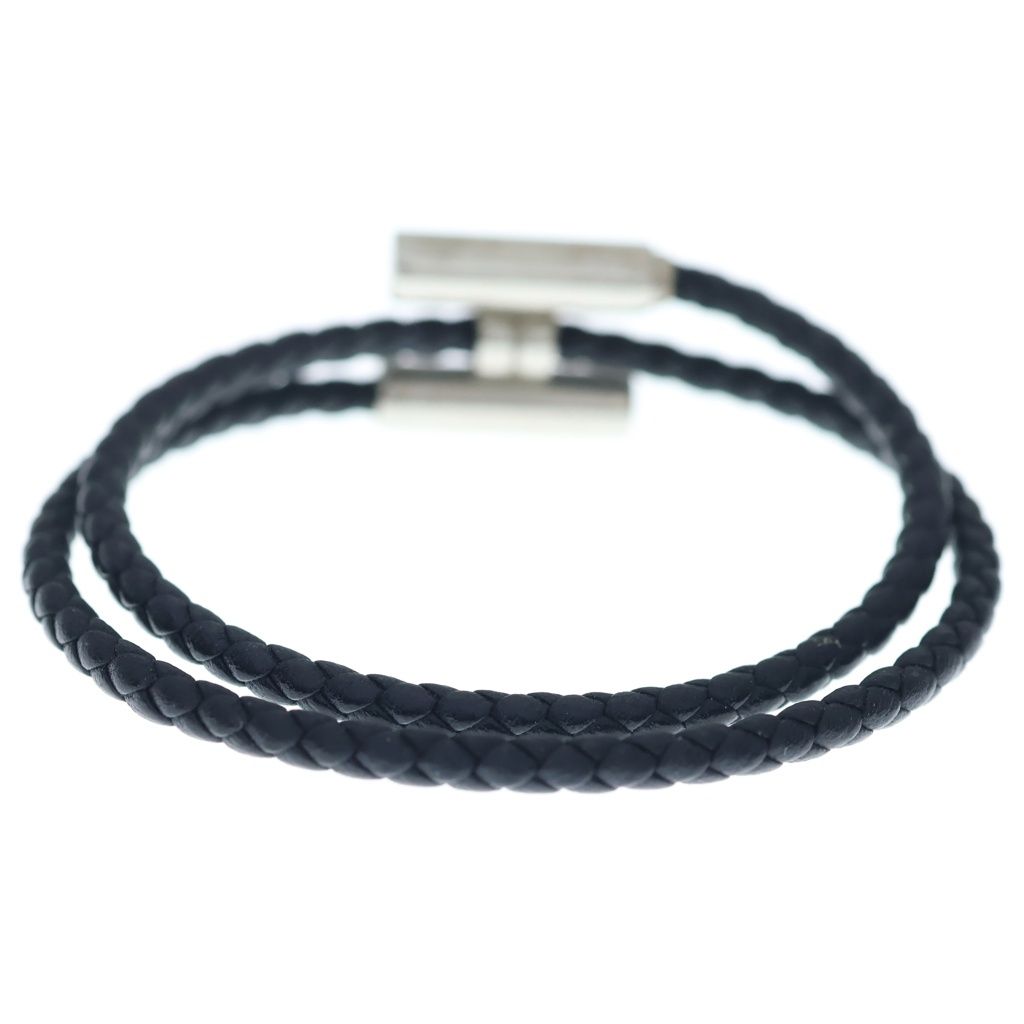 Hermes Tourni Tresse Logo Noir Leather Bracelet Black Silver — view 2