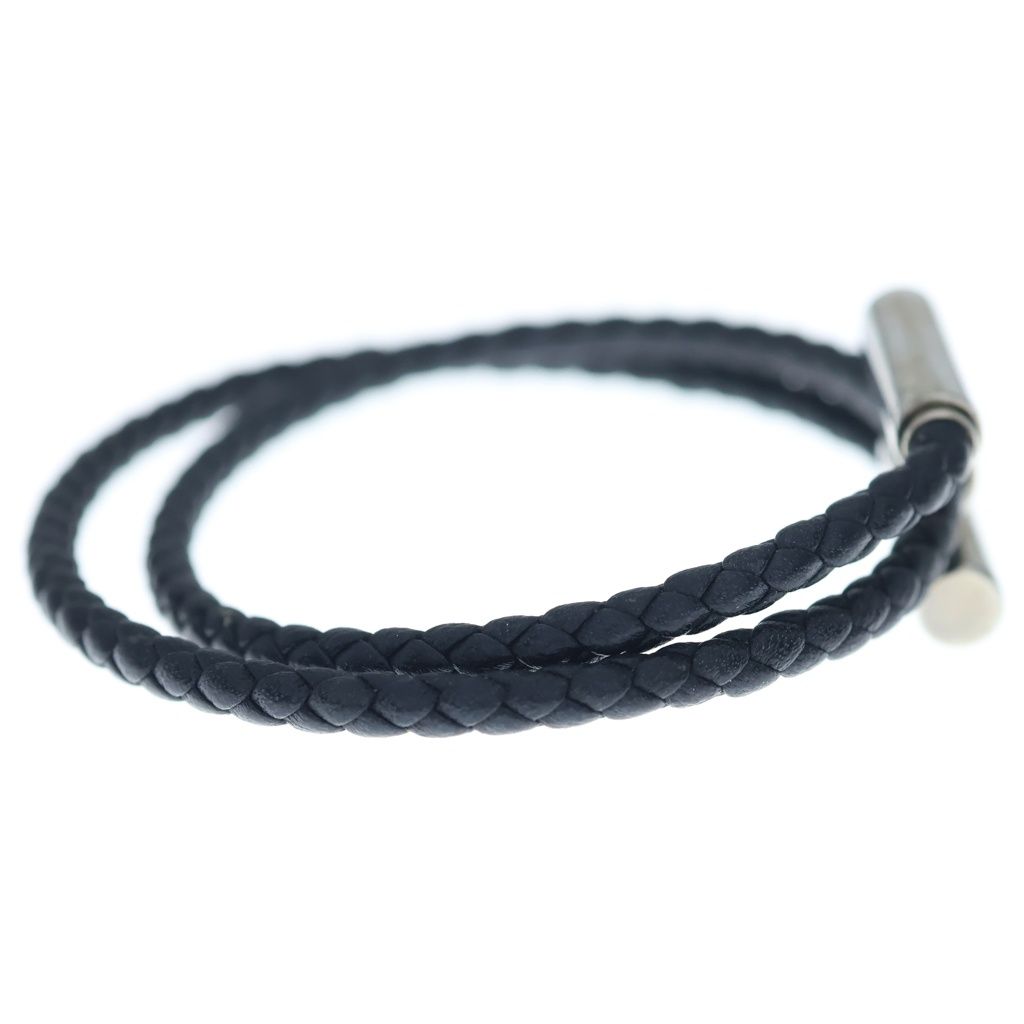 Hermes Tourni Tresse Logo Noir Leather Bracelet Black Silver — view 3