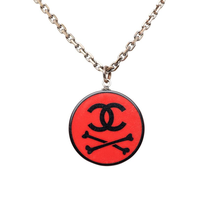Chanel CC Logo Bone Motif Chain Pendant 03 Black Red Plated Plastic
