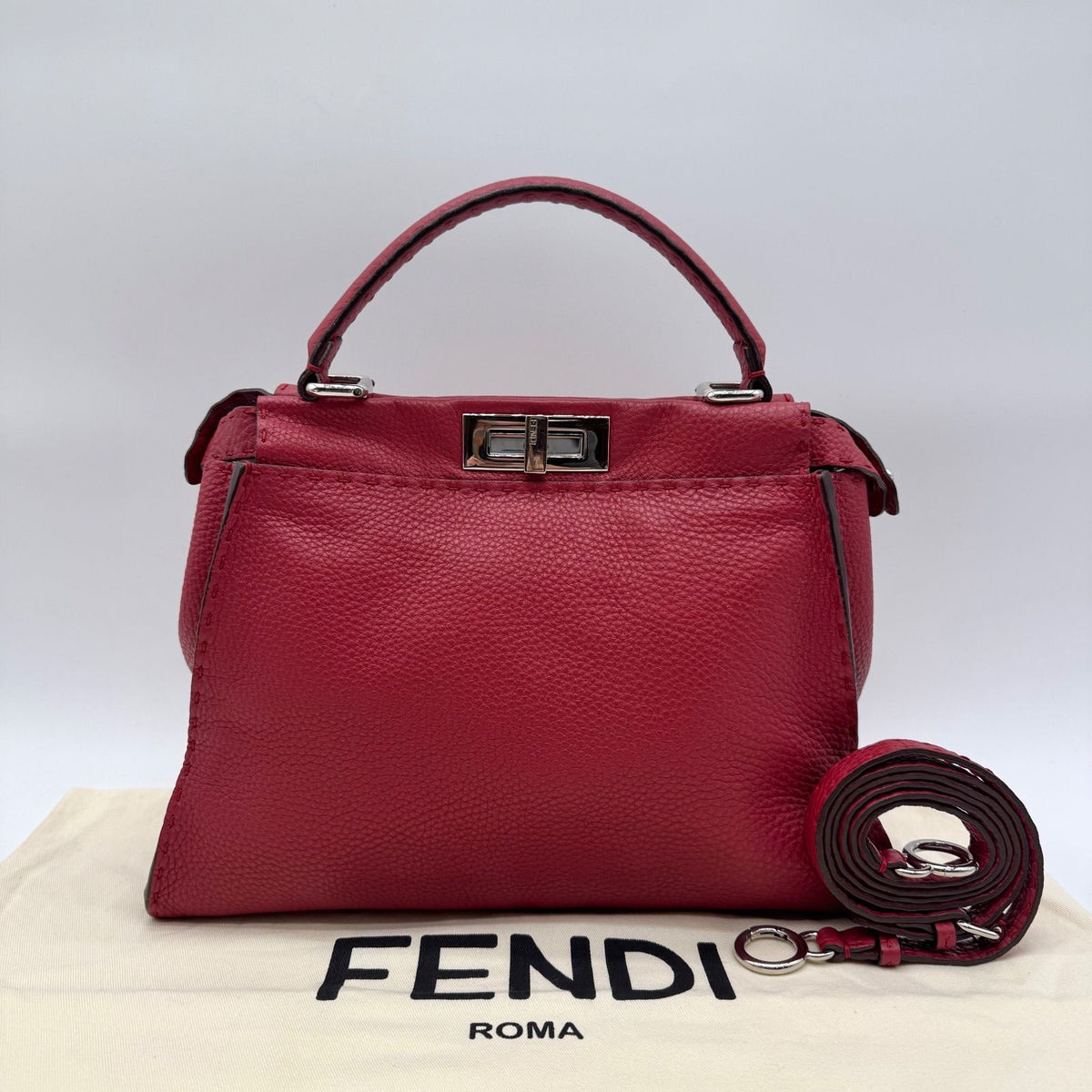 Fendi 2-Way Shoulder Bag Selleria Peekaboo Red Leather Turnlock
