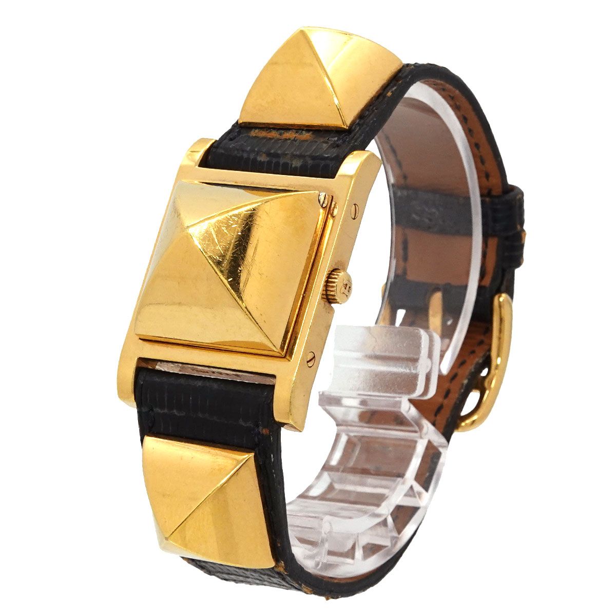 Hermes Medor Vintage Watch Pyramid Gold Studs White Leather Quartz — view 2