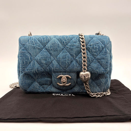 Chanel Shoulder Bag Mini Quilted Denim Heart Camellia CC Logo Turnlock Chain
