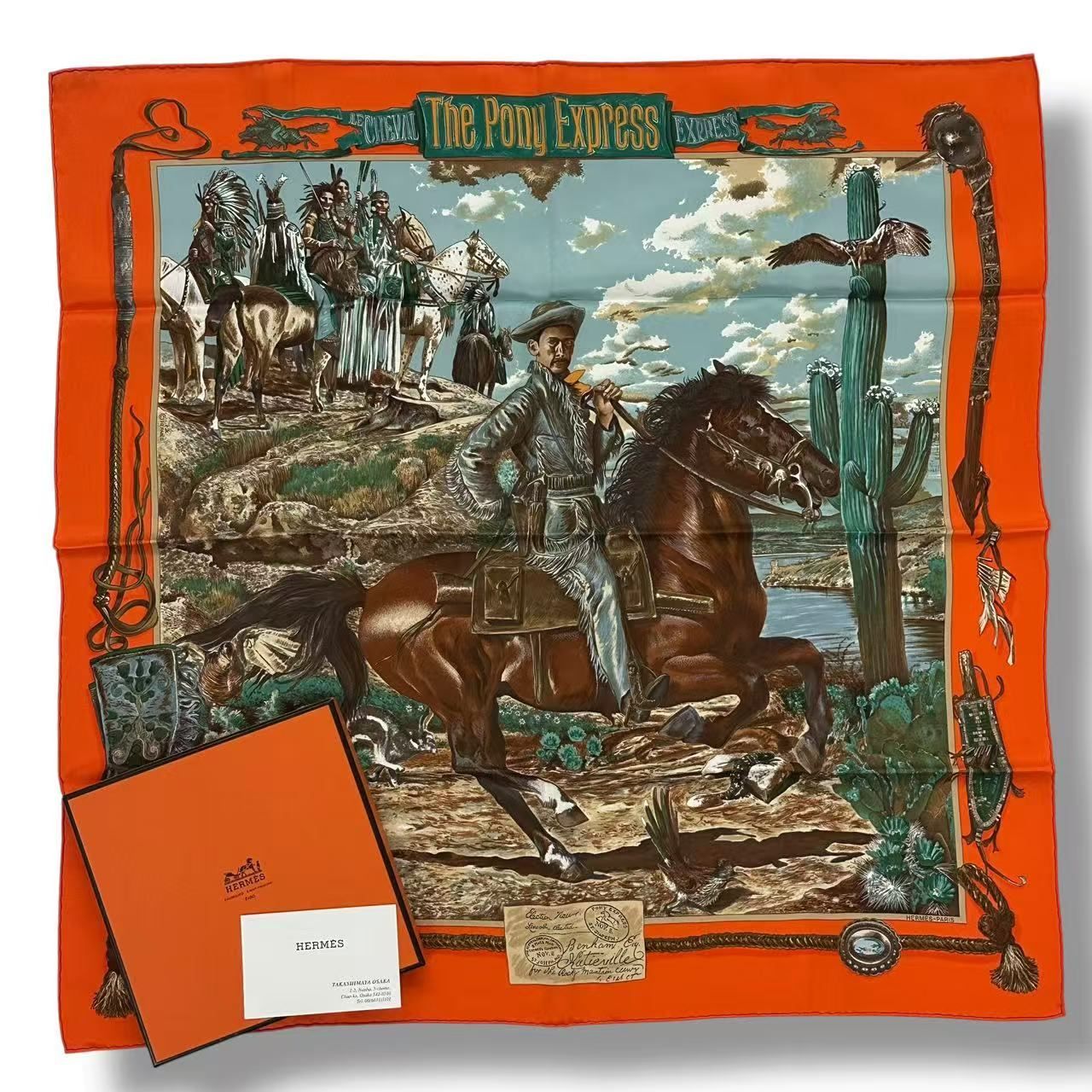 Hermes Scarf Silk The Pony Express Orange