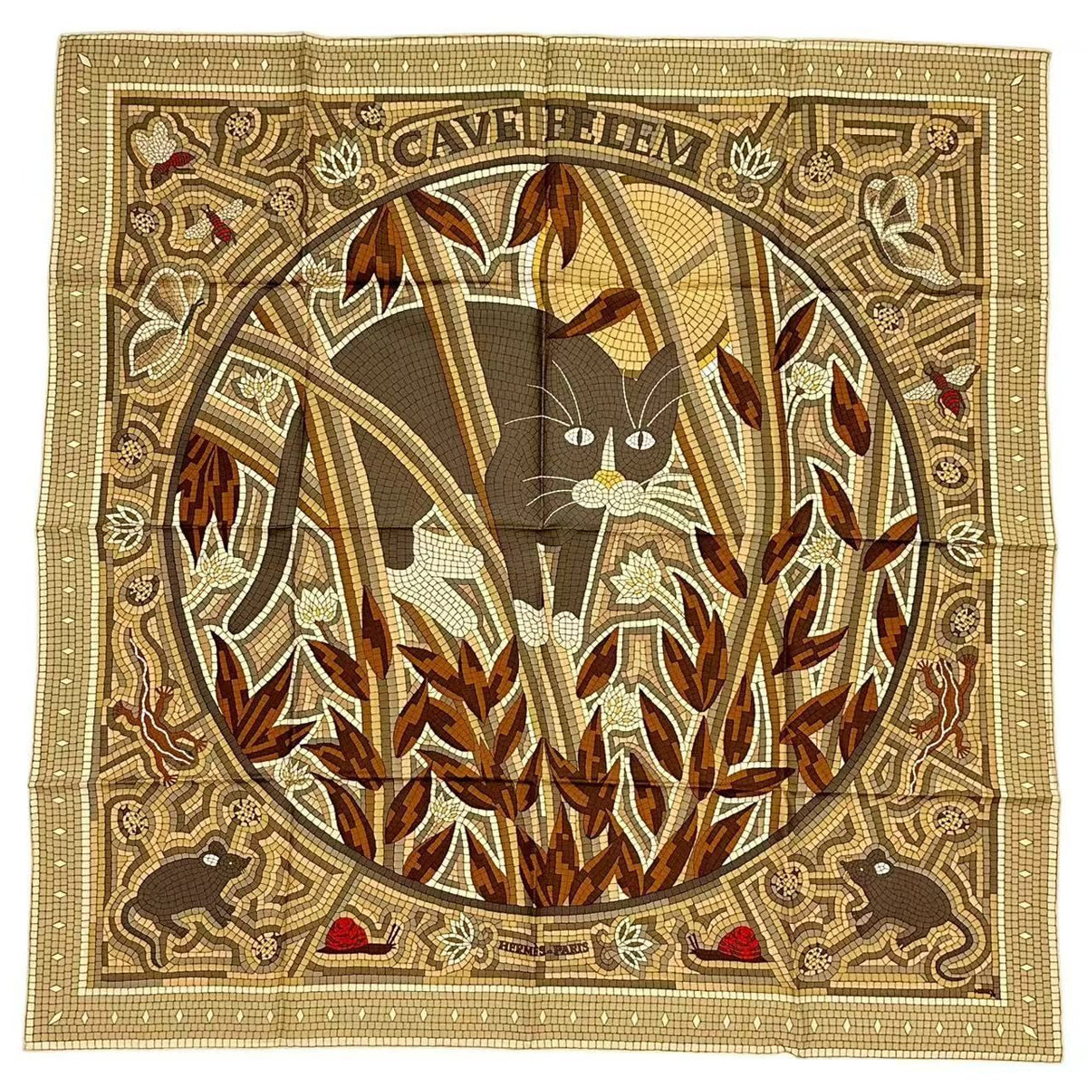 Hermes Carre 90 Scarf Silk Cave Felem Beware Of Cats Beige — view 2