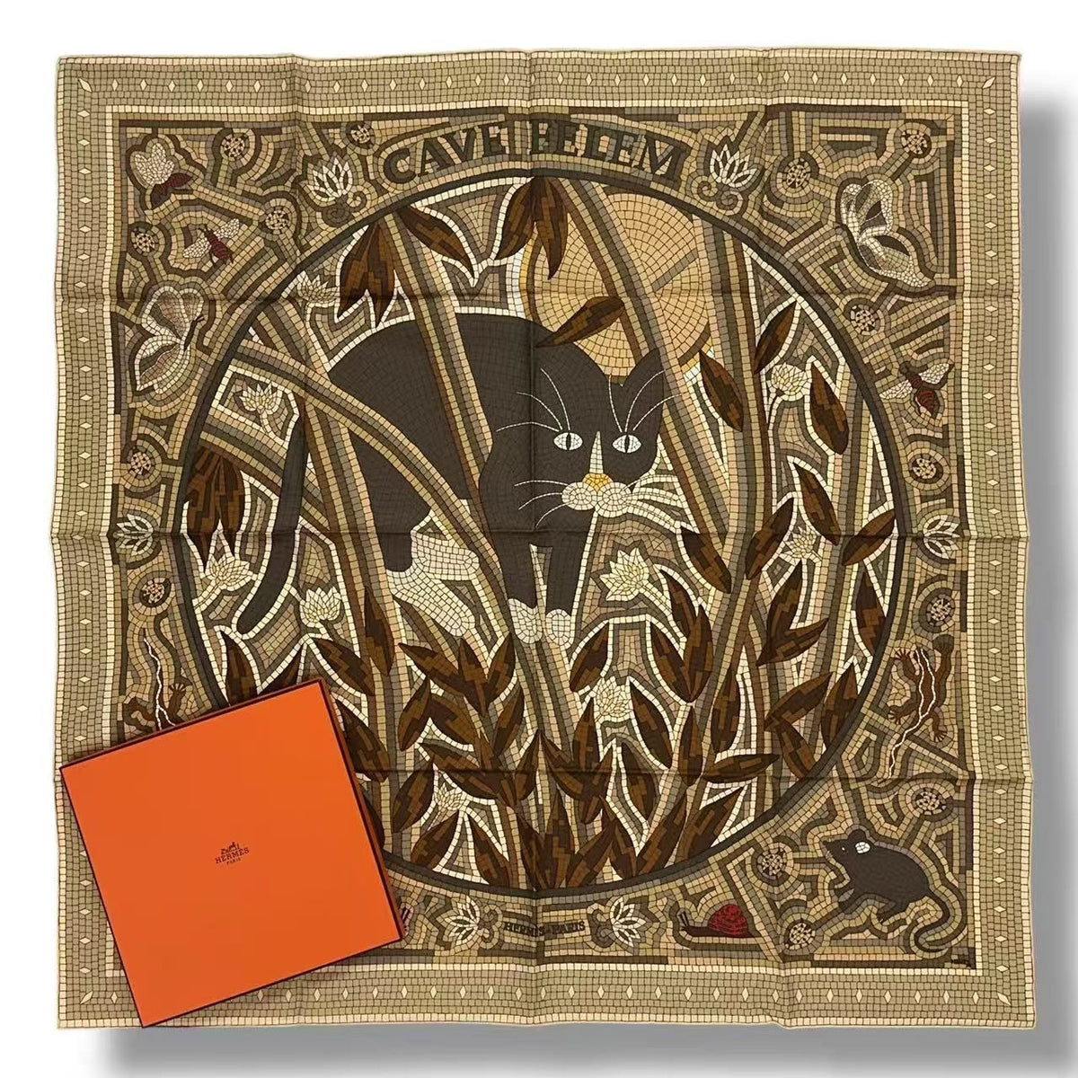 Hermes Carre 90 Scarf Silk Cave Felem Beware Of Cats Beige