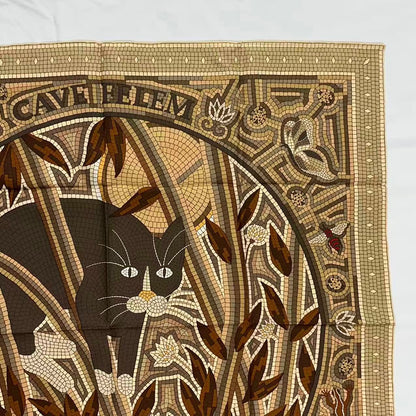 Hermes Carre 90 Scarf Silk Cave Felem Beware Of Cats Beige — view 5
