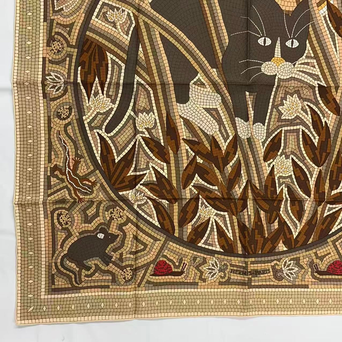 Hermes Carre 90 Scarf Silk Cave Felem Beware Of Cats Beige — view 6